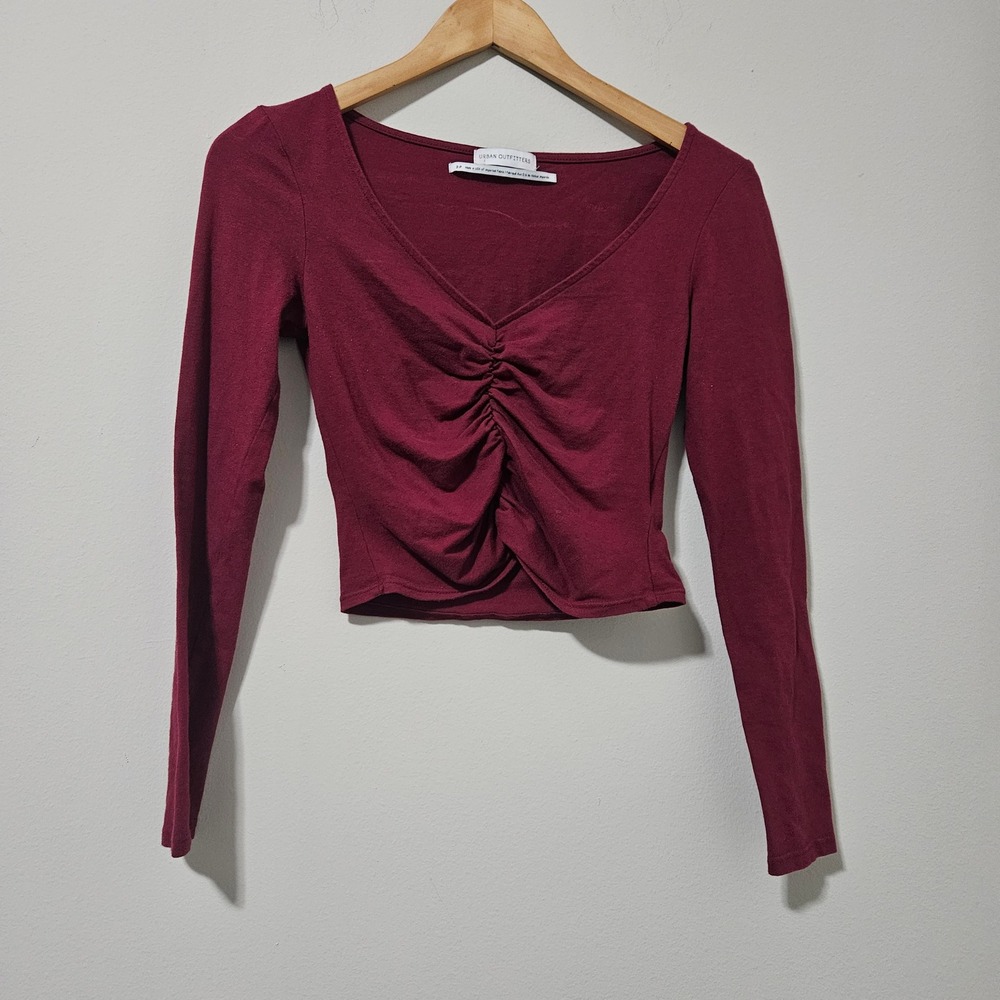 Urban Outfitters Burgundy Ruched V-Neck Long Sleeve Crop Top Small S-P